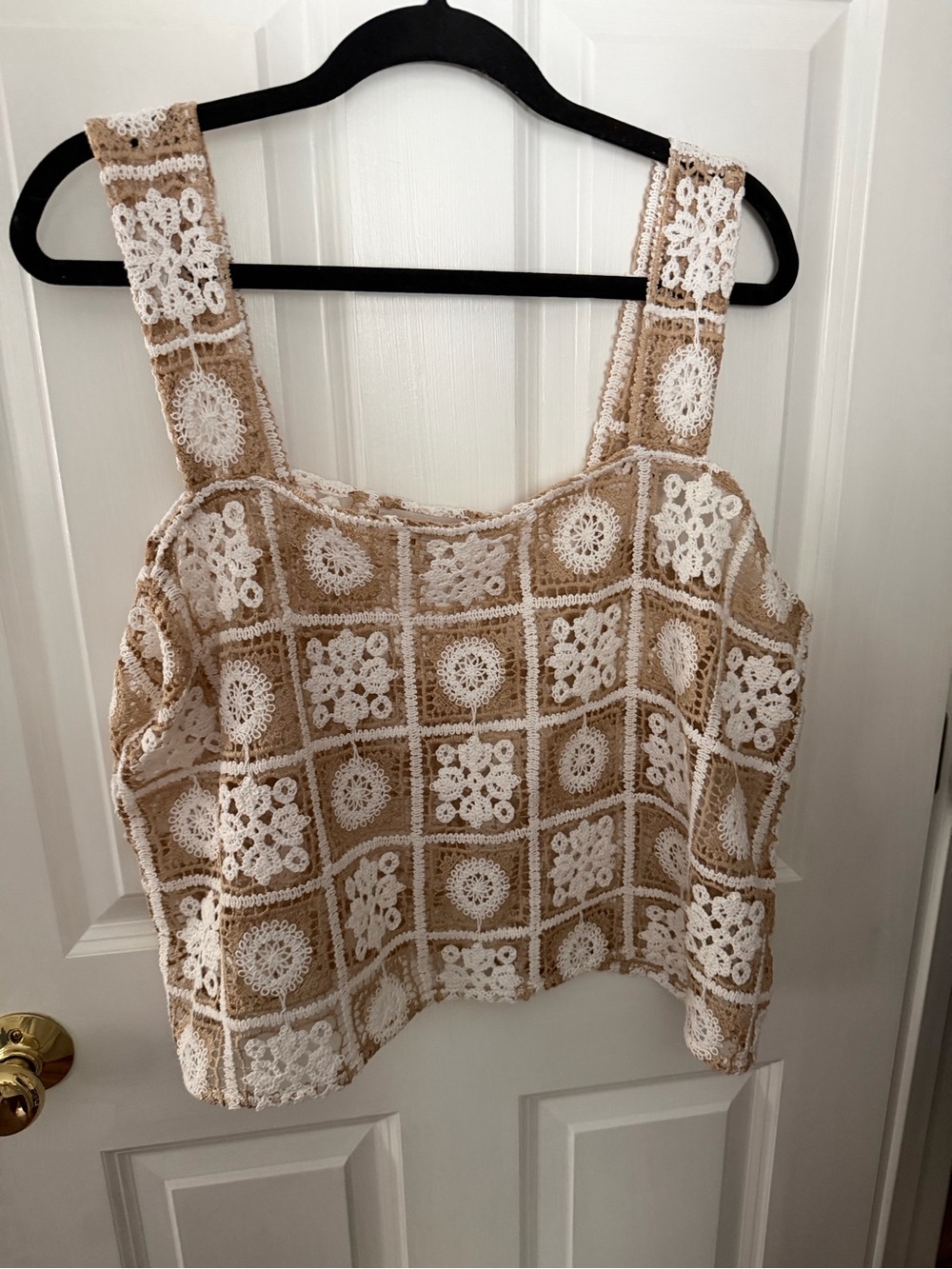 LOFT Crochet Square Tank Top in Cream and Tan